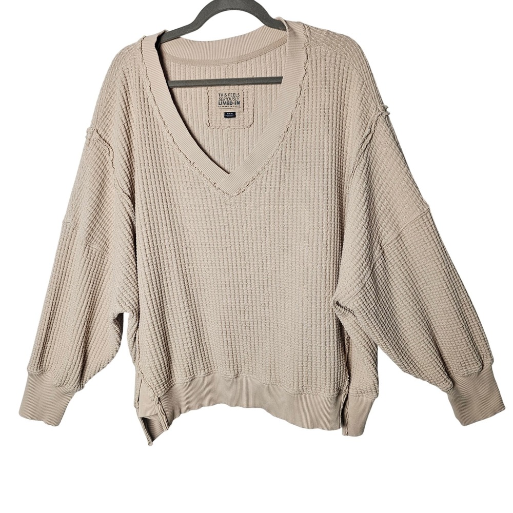 American Eagle Womens Seriously Lived-In Waffle Knit Top M Tan Oversized Thermal